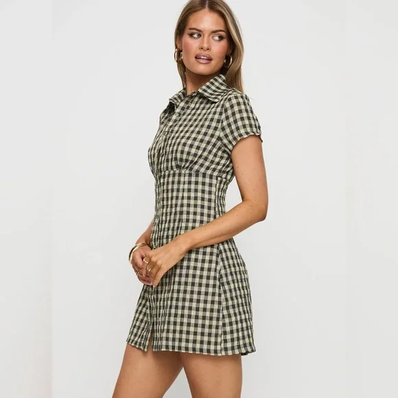 NWT Princess Polly Motley Mini Dress Brown Check Shirt Dress - Picture 3 of 6